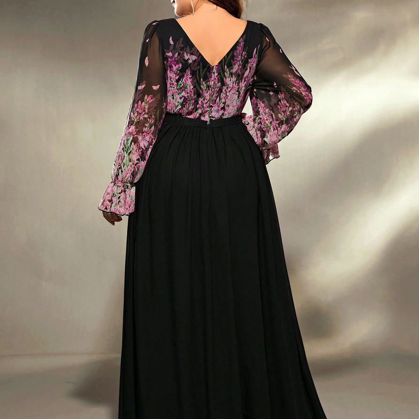 Elegant black chiffon long sleeve ball gown evening dress with floral lace bodice