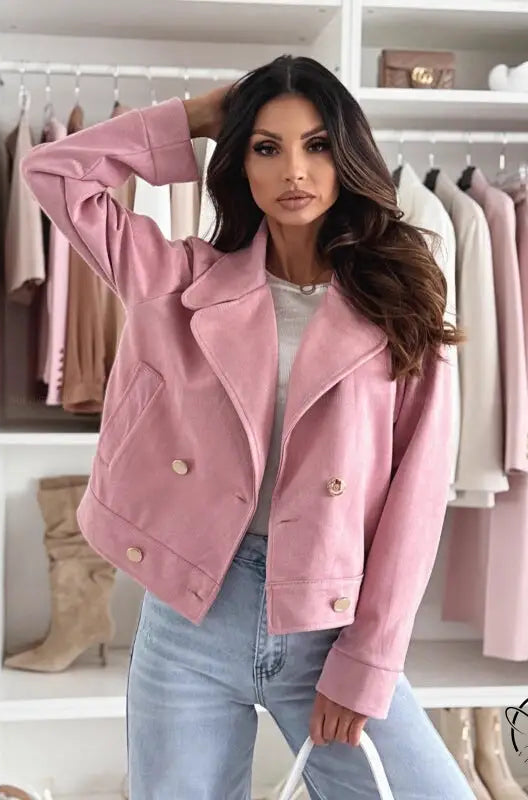 Pink slim collared suede short coat with double-breasted buttons and zipper