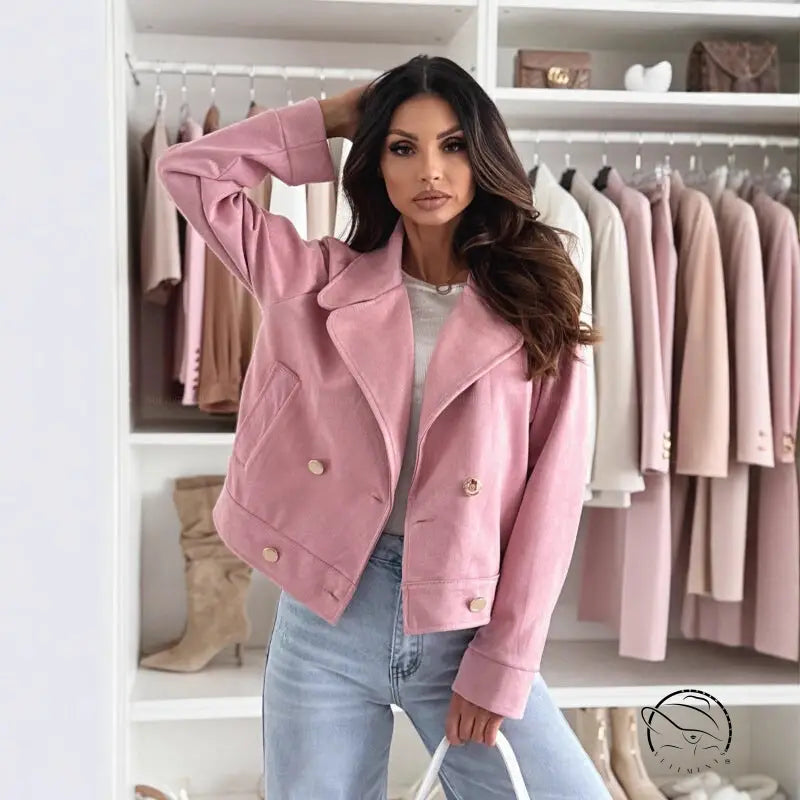 Pink slim collared suede short coat with double-breasted buttons and zipper