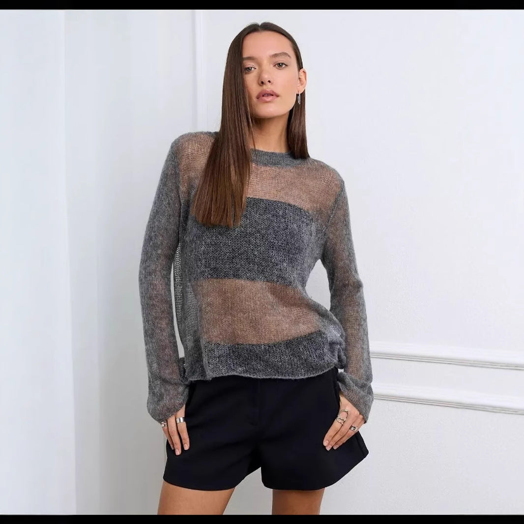 Semi-sheer grey mohair sweater with stripes in Loose Wool Knitted Blouse for modern fashion ملابس