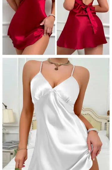 Red or white satin langry slip dress with thin straps and back tie