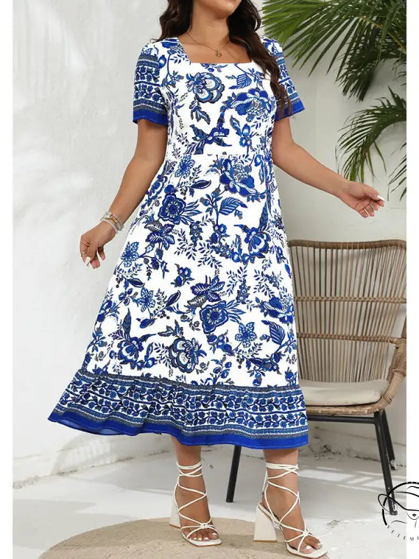 Blue white maxi dress with floral print and square neckline