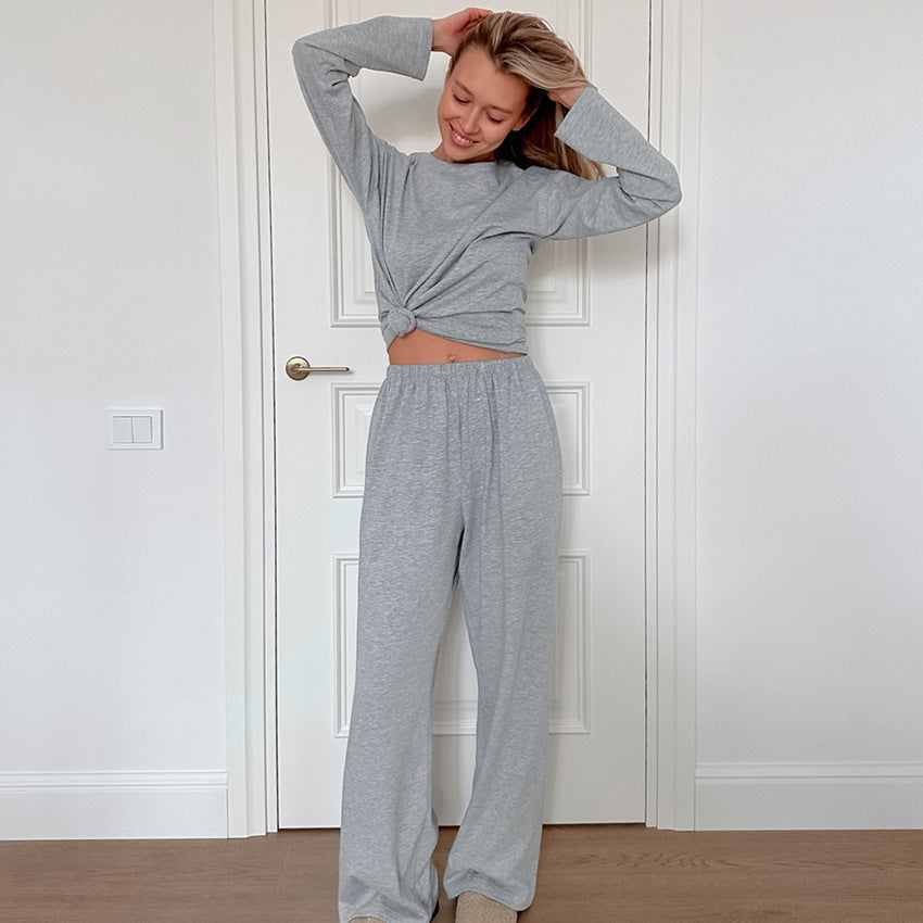 Matching light grey long-sleeve top and wide-leg sweatpants in Comfortable Knitted Home Wear