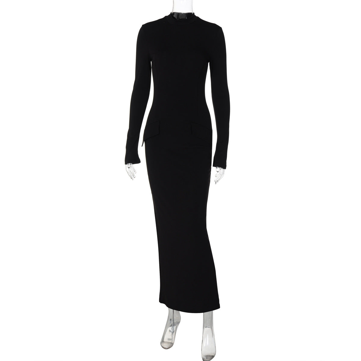 Elegant long-sleeved black maxi dress with back slit, ideal for fashionable occasions