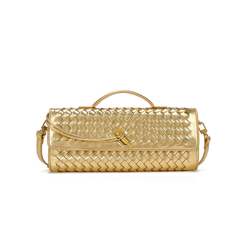 Gold woven handbag with handle and strap from the Soft Leather Mid Ancient Baguette Bag