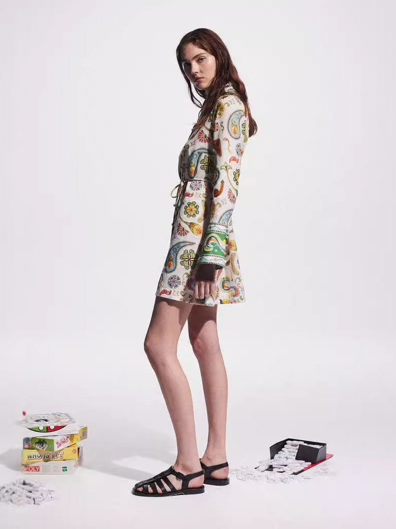 Elegant Socialite Collared Tied Waist Positioning Printing Linen Vacation Long Sleeve Dress Women