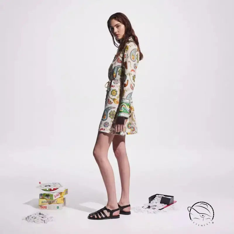 Elegant Socialite Collared Tied Waist Positioning Printing Linen Vacation Long Sleeve Dress Women