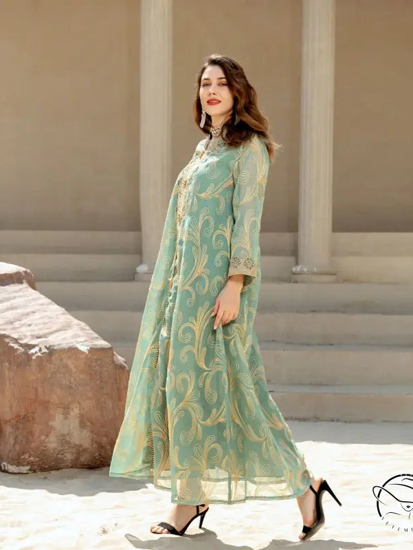 Mint green embroidered anarkali suit in enchanting Middle East fashion