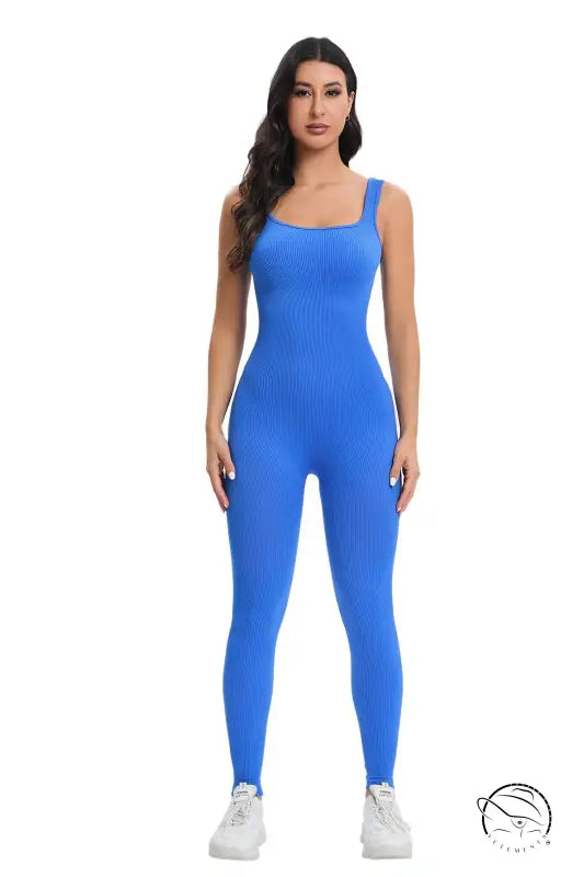 Vibrant royal blue ribbed knit langry fashion jumpsuit in peach slim fit