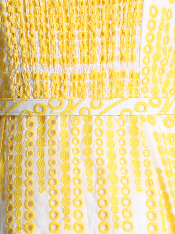 Yellow and white summer dress with ruffle details, perfect for seasonal fashion ملابس