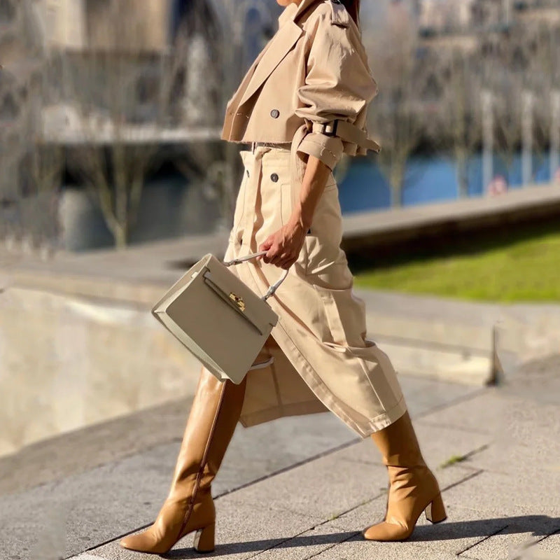 Elegant tan trench coat outfit from Ladies Suit Autumn Hard Casual Two Piece Set, showcasing langry fashion with ملابس style