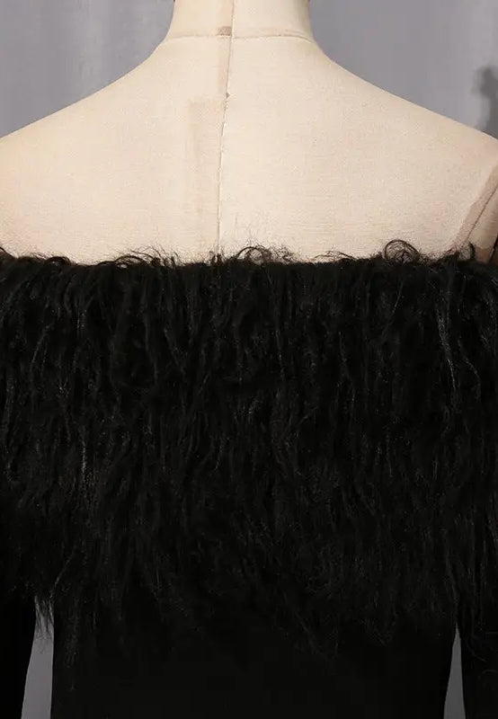 Elegant langry fashion black feathered off-shoulder dress with fringe