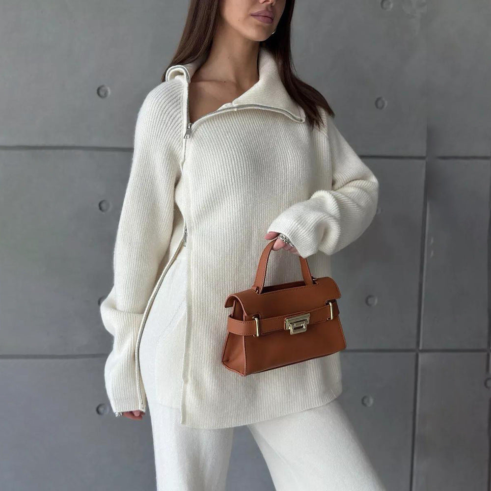 Cream-colored knit sweater with zipper from Langry fashion ملابس collection