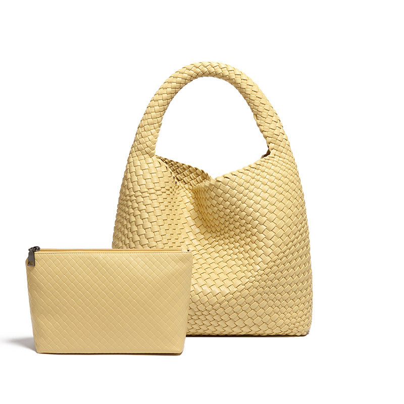 Handmade Woven Bag featuring a woven yellow handbag and matching pouch for fashionable styling