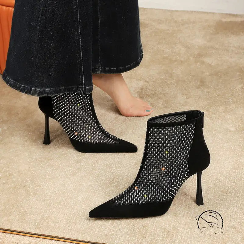 Langry fashion black mesh stiletto boots with rhinestone details