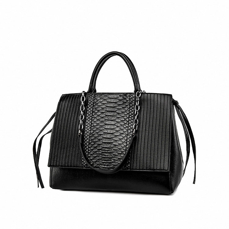 Langry fashion crocodile pattern black snake skin handbag with chain strap and tassels