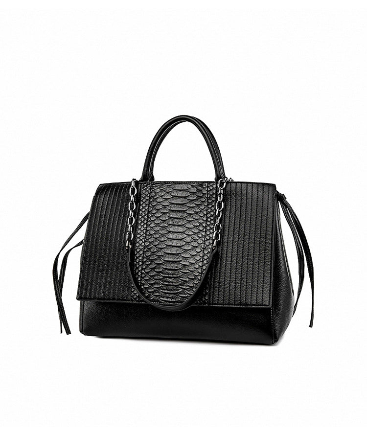 Langry fashion crocodile pattern black snake skin handbag with chain strap and tassels