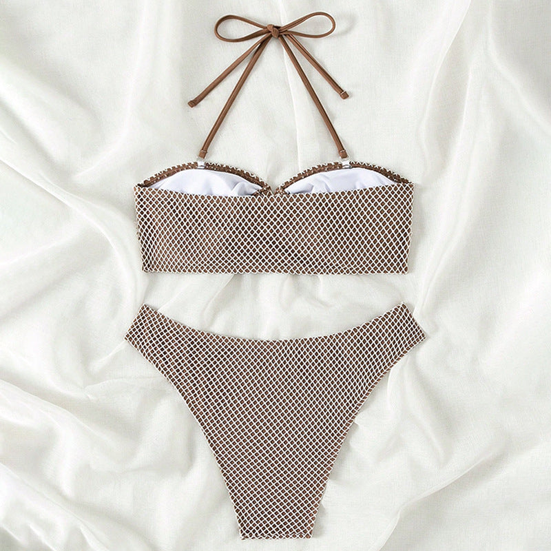 Brown and white checkered bikini split swimsuit for women high waist beachwear