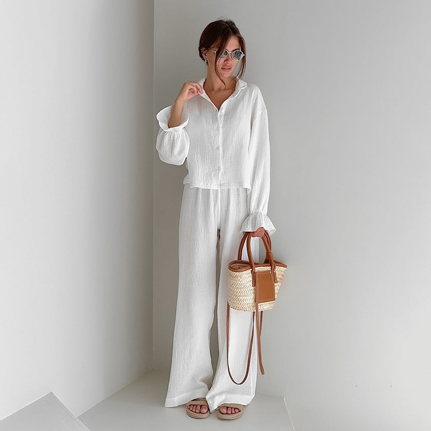 White pure cotton textured long-sleeve top and wide-leg pants set for comfortable homewear