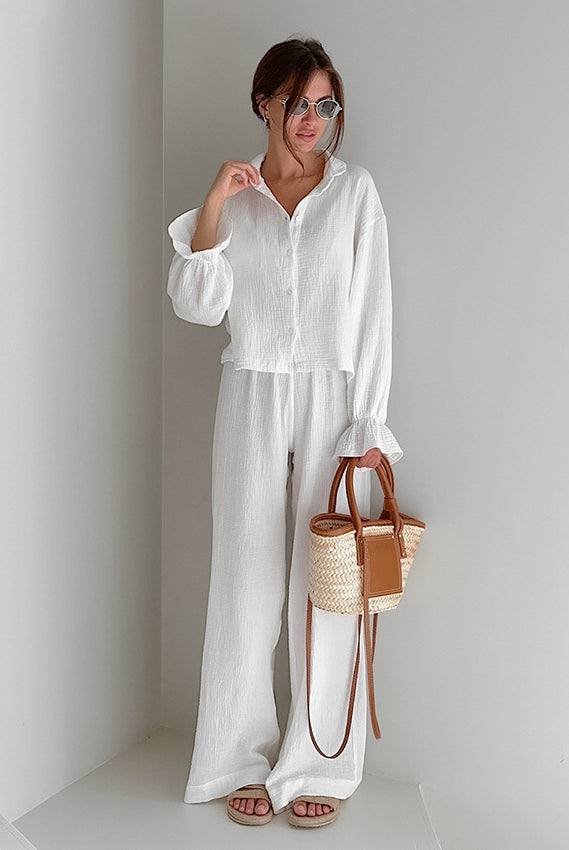 White pure cotton textured long-sleeve top and wide-leg pants set for comfortable homewear