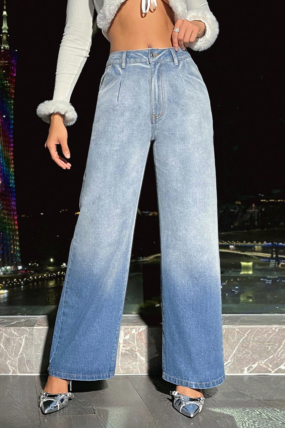 Ombre wide-leg high waist denim trousers showcasing stylish fashion for women