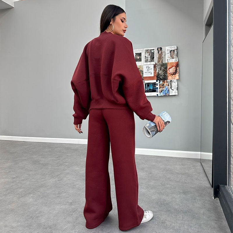 Winter Fur Zipper Cardigan Casual Straight Pants Two Piece Sets