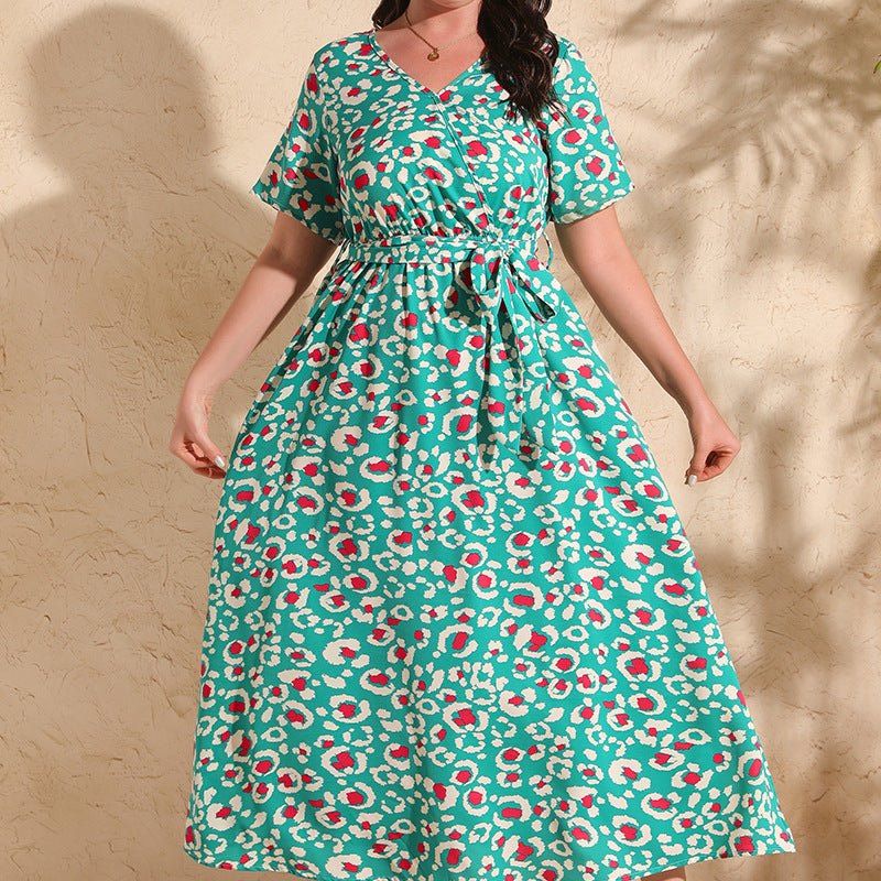 Green and red floral print chiffon dress from Langry fashion collection featuring ملابس