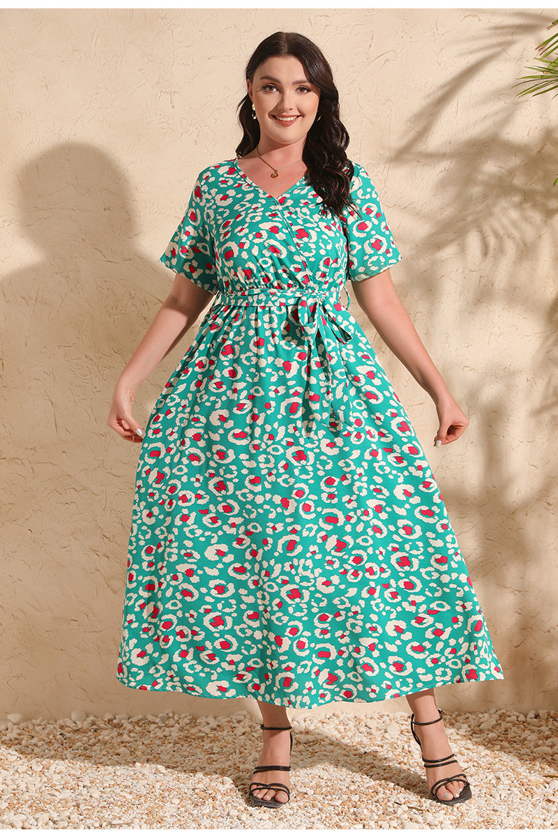 Green and red floral print chiffon dress from Langry fashion collection featuring ملابس