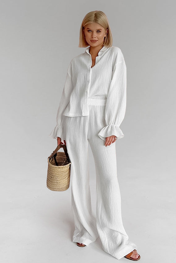 White pure cotton long-sleeve shirt and wide-leg pants set with ruffled cuffs for homewear