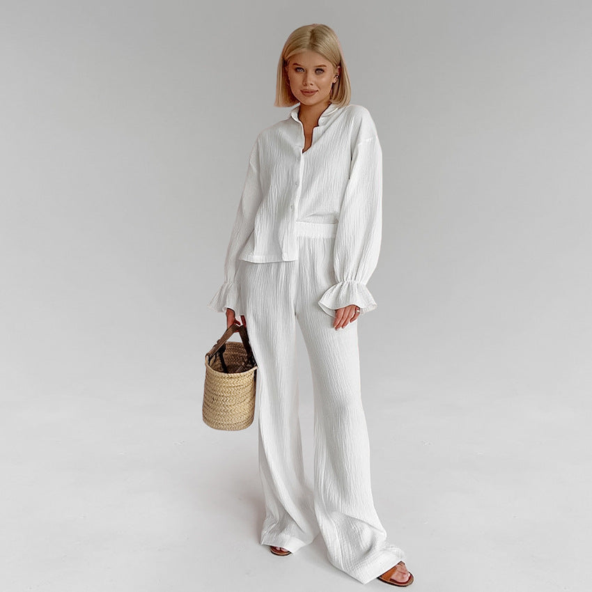 White pure cotton long-sleeve shirt and wide-leg pants set with ruffled cuffs for homewear