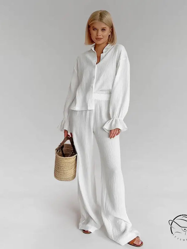 White pure cotton long-sleeve button-up shirt and wide-leg pants set