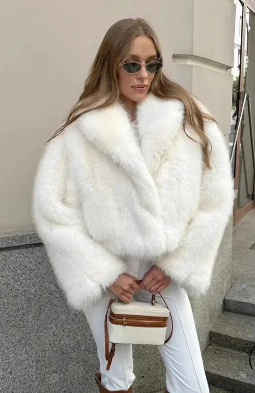Gorgeous faux fur jacket by Langry: white oversized coat with high collar and buttons