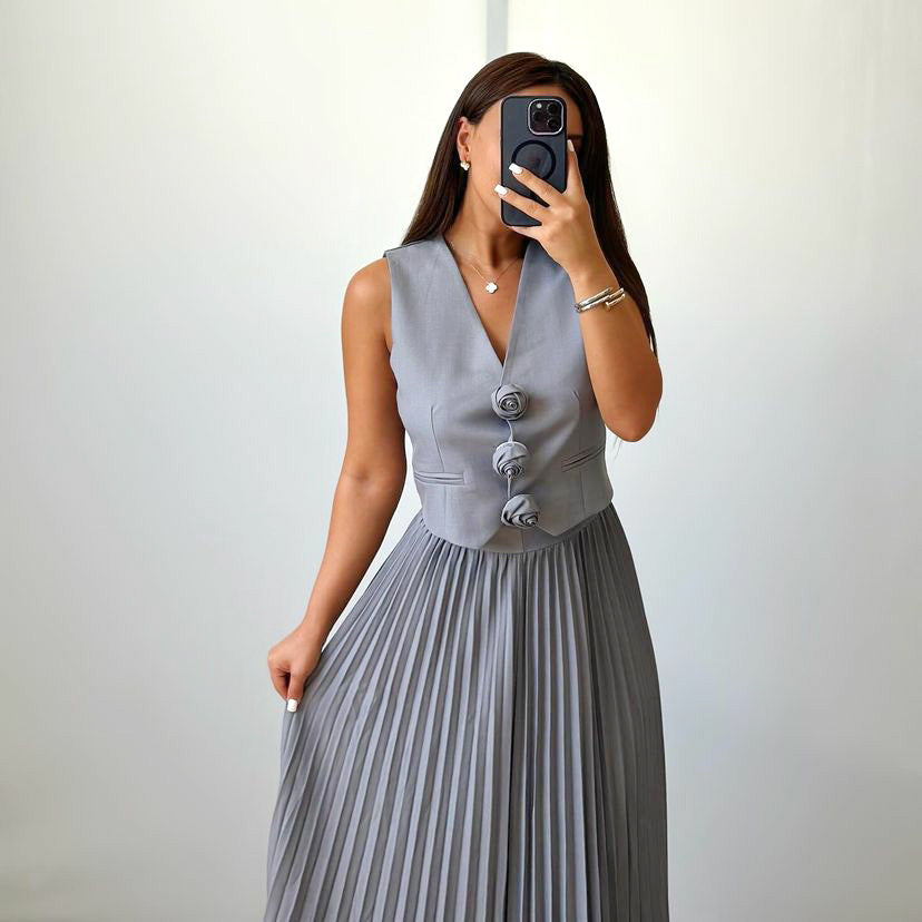 Gray vest and pleated skirt set for women summer fashion, stylish ملابس for elegant looks