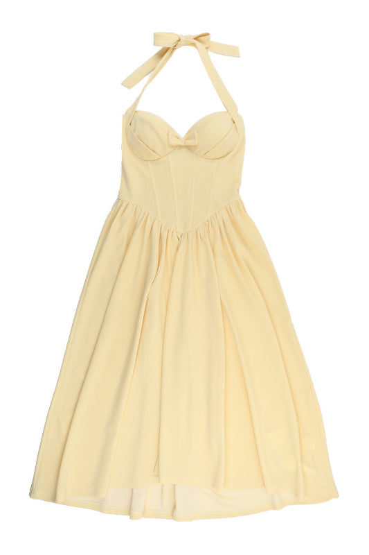 Yellow halter neck langry fashion dress with back bow detail
