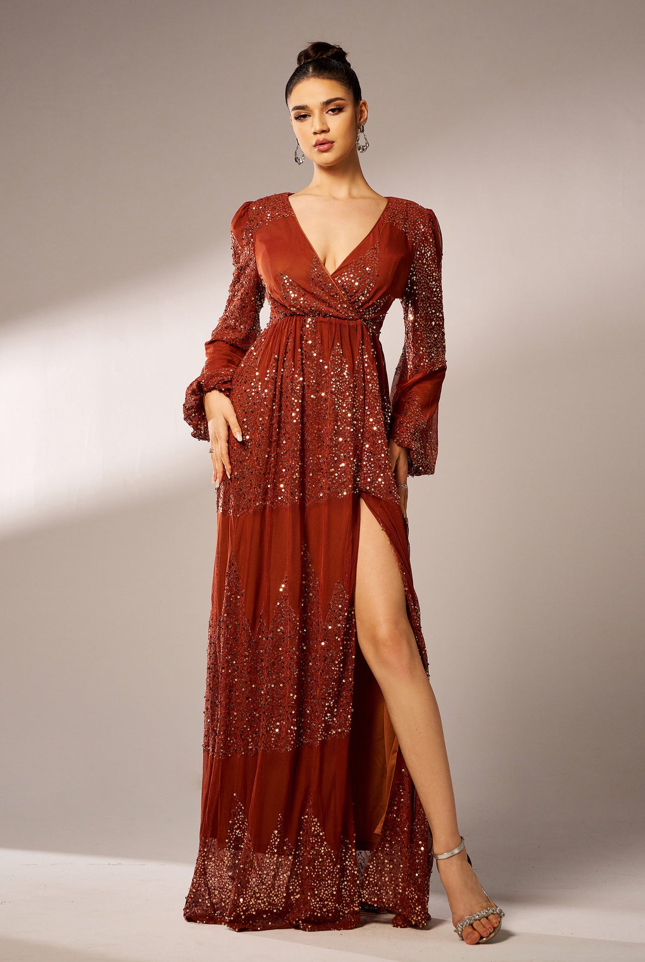 Elegant brown sequined langry dress with thigh-high slit for high-end fashion events