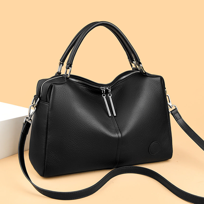 Langry high grade soft leather office handbag in black with zipper details and adjustable strap