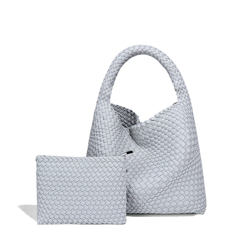 Handmade Woven Bag in gray with matching pouch for stylish fashion enthusiasts