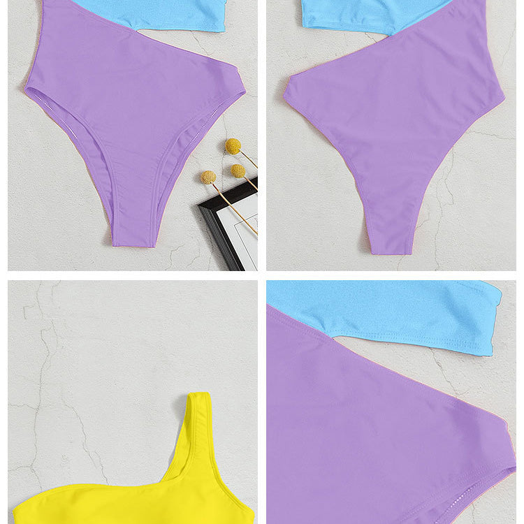Color-blocked one-shoulder swimsuit with cutout high waist, perfect for beach beauty