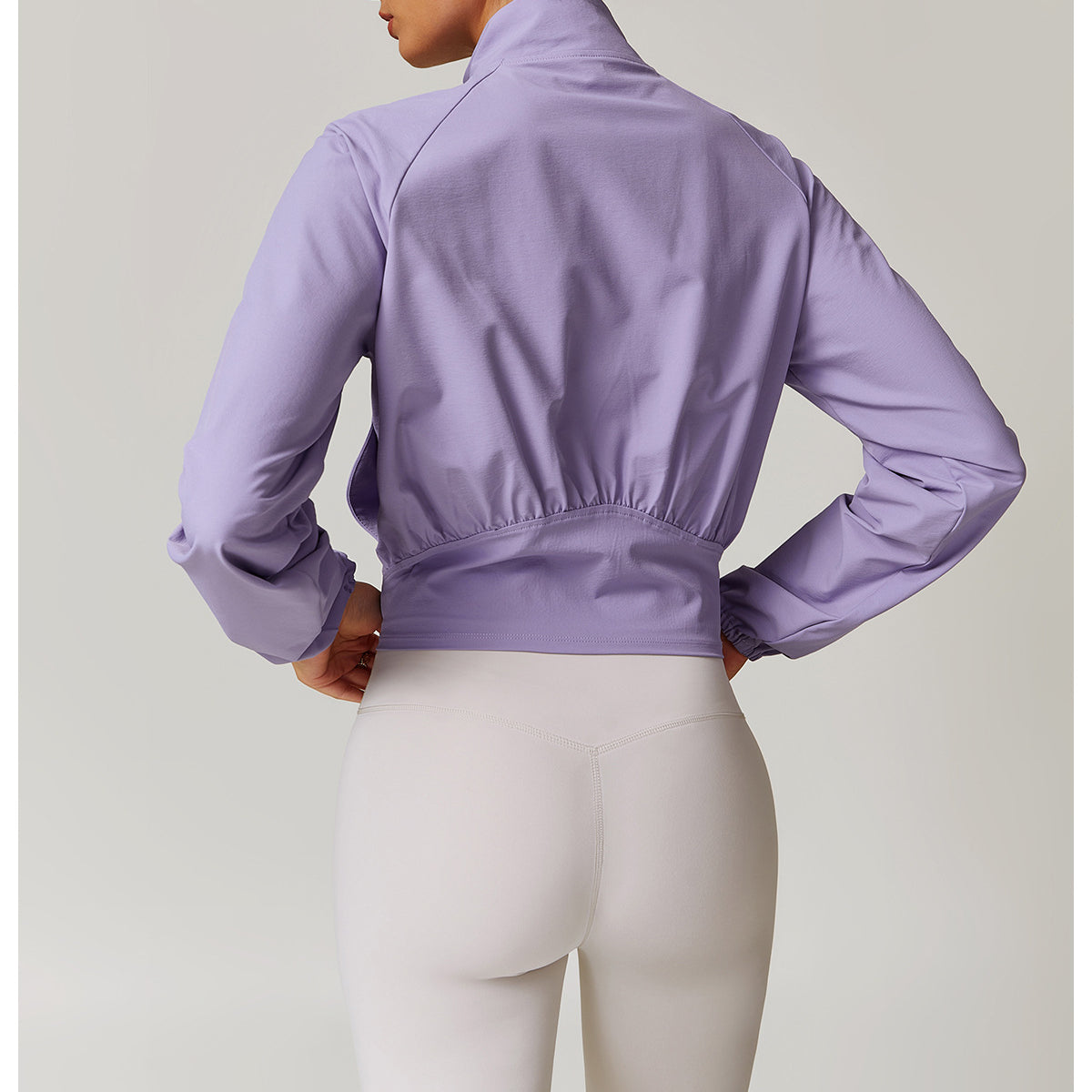 Cropped lavender bomber jacket with elastic waistband, perfect for Langry fashion ملابس