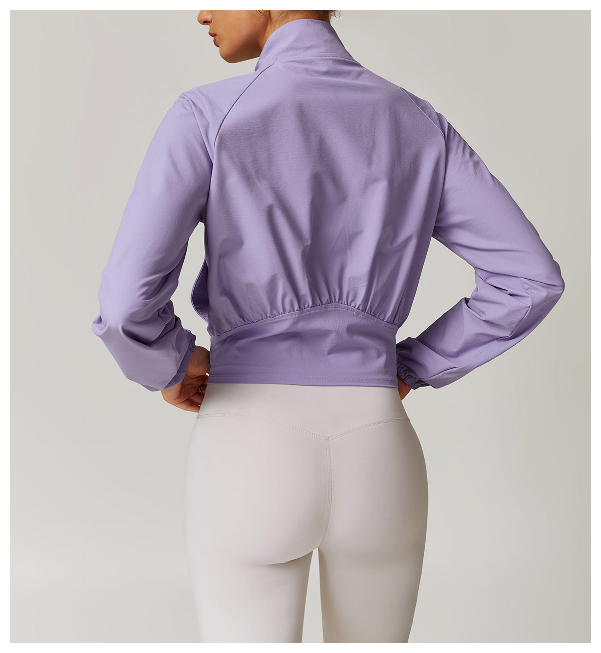 Cropped lavender bomber jacket with elastic waistband, perfect for Langry fashion ملابس