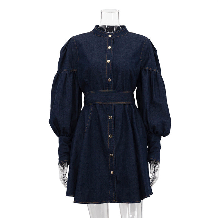 Dark blue denim shirt fashionable dress with puff sleeves, band collar, and gold buttons
