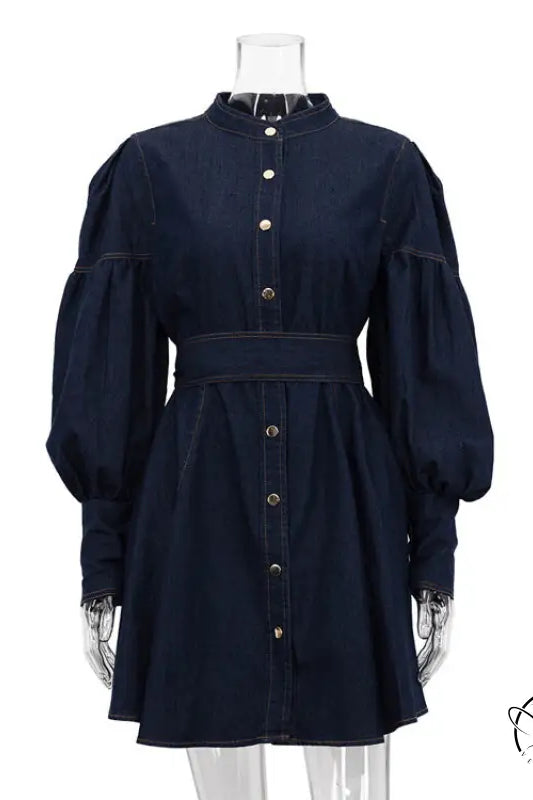 Dark blue denim shirt fashionable dress with puff sleeves and gold buttons
