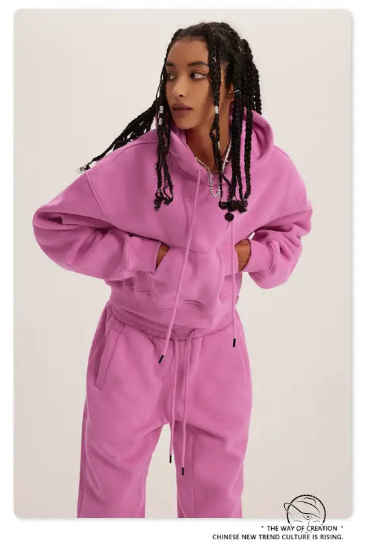 Langry pink zip-up hooded sweatsuit with matching jogger pants in winter retro fashion