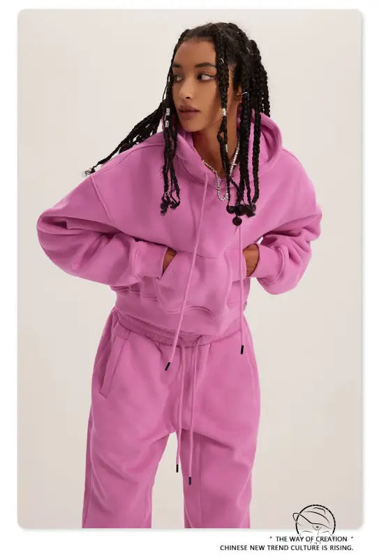 Langry pink zip-up hooded sweatsuit with matching jogger pants in winter retro fashion