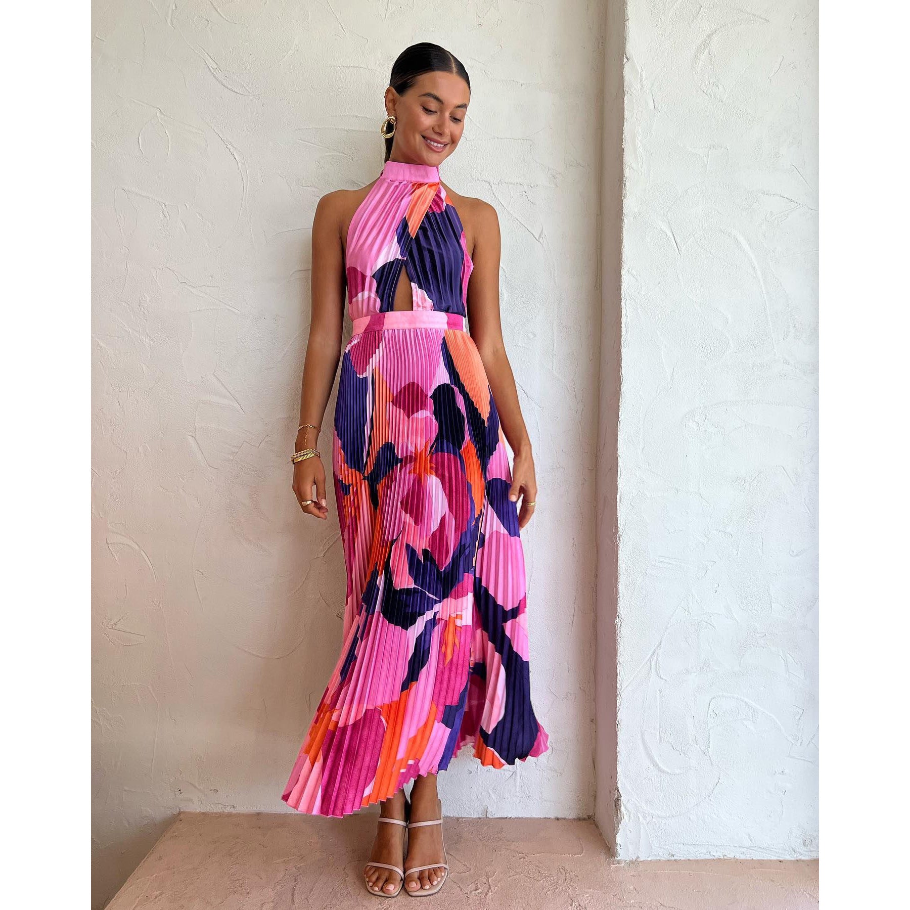 Spring Summer Halter Pleated Dress Casual Loose Vacation Women Clothing