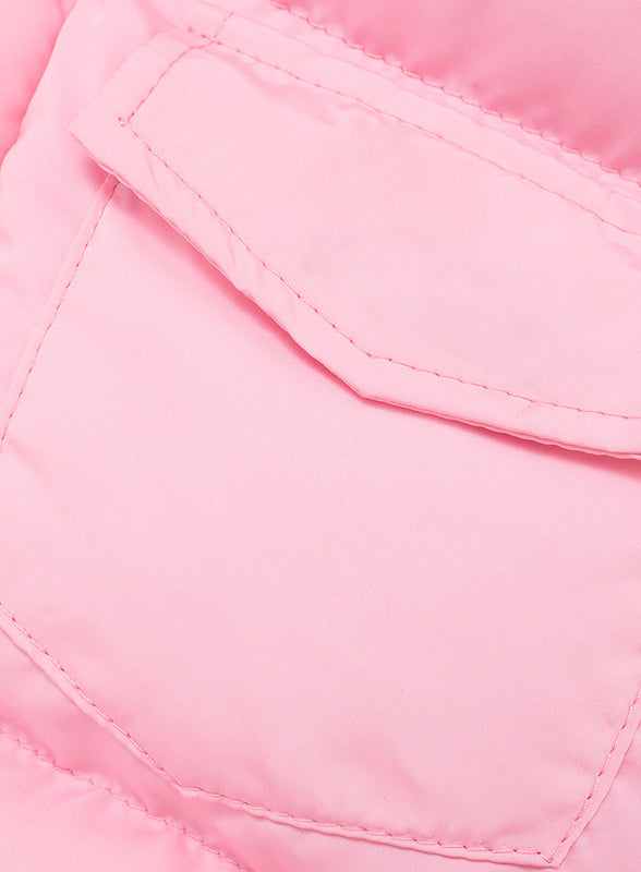 Pink quilted jacket pocket with white stitching in Langry fashion coat vest