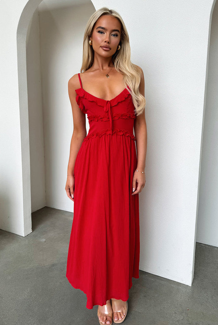 Red spaghetti-strap maxi dress with button details ideal for elegant fashion ملابس