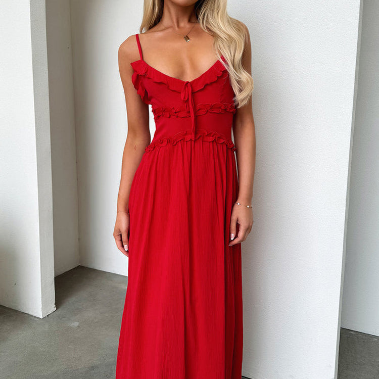 Red spaghetti-strap maxi dress with button details ideal for elegant fashion ملابس