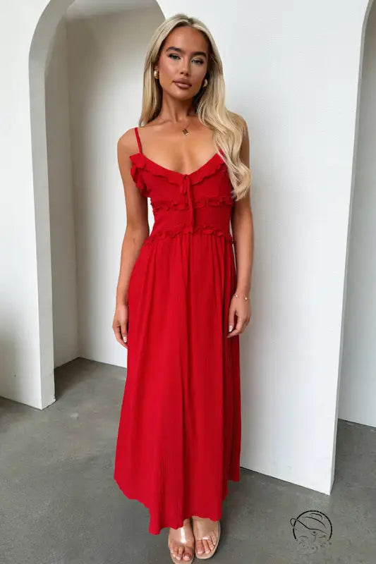 Elegant loose dress: red spaghetti-strap maxi with button bodice details