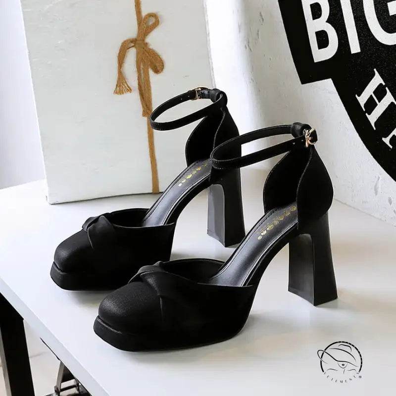 Black leather Strap Super High Heel sandals with ankle strap and bow